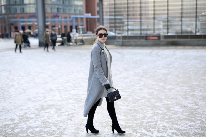 grey coat, overknee boots, knitted dress, sunglasses