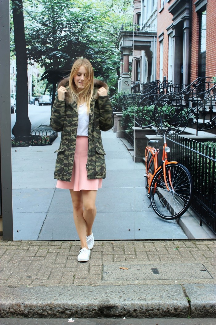camoufage parka and pink skirt