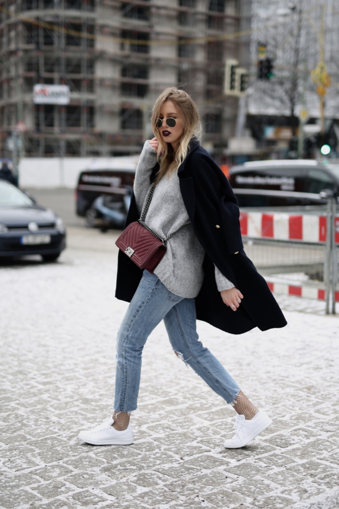 grey sweater, black coat, red chanel bag, sunglasses