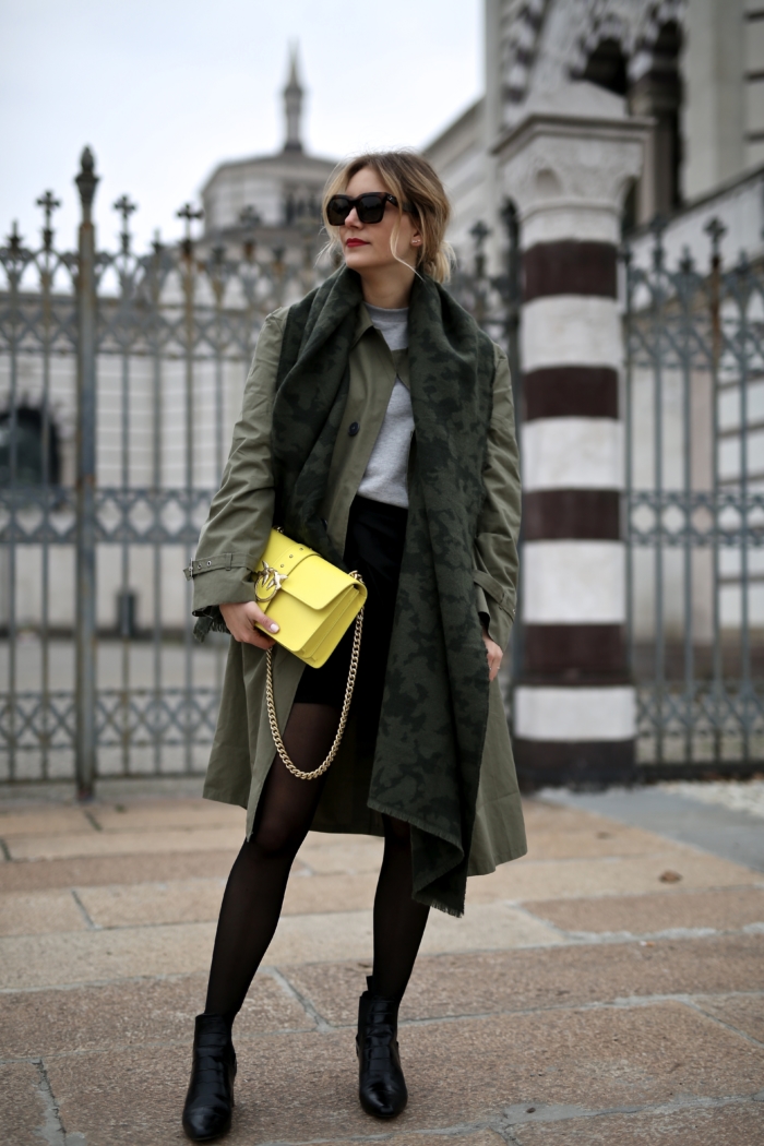 Pinko P. Jean trenchcoat, yellow statement purse, black skirt, grey sweater