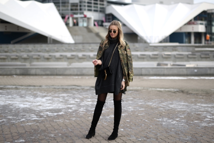 Valentine's Day, uniform, military jacket, black overknee boots, sunglasses