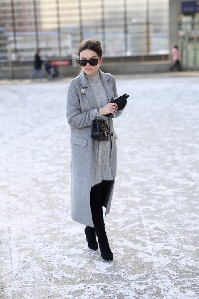 Tom Ford sunglasses, Chanel purse, grey coat, knitted sweater, overknee boots