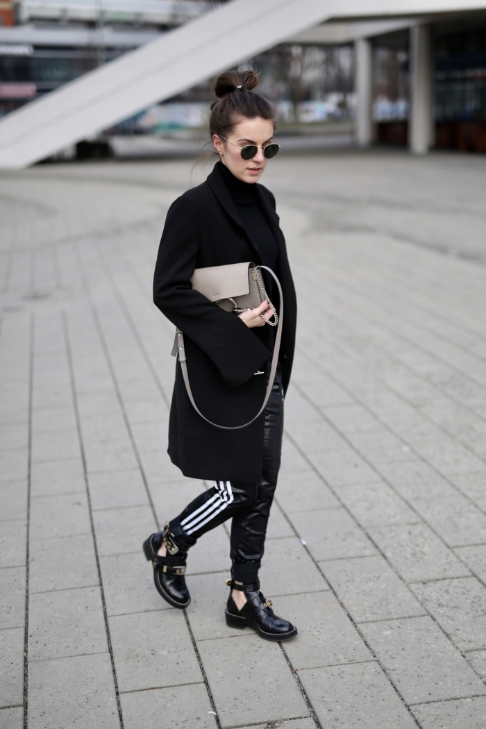 adidas sweatpants, berlin fashion week, black long blazer, sunglasses