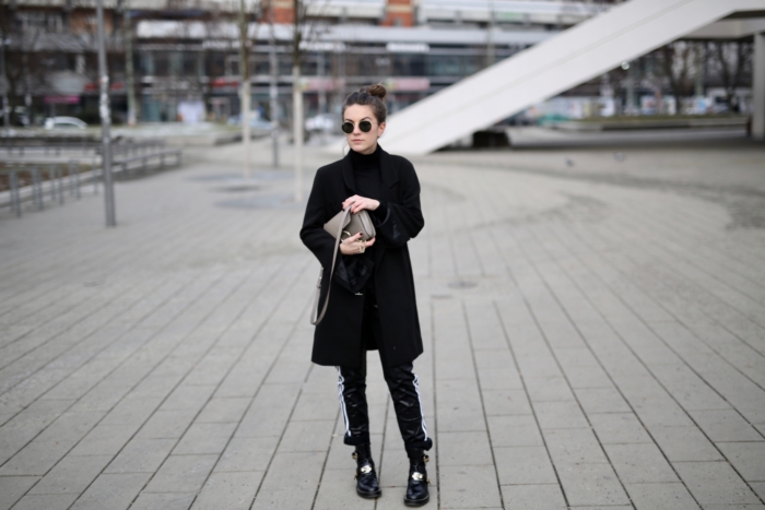 Fashion Week look, black blazer, black joggers adidas, Balenciaga boots, Chloe bag