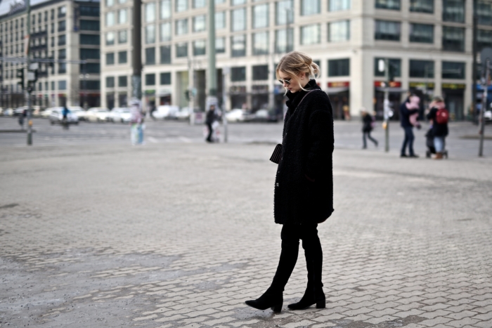 black overknee boots, black coat, blonde