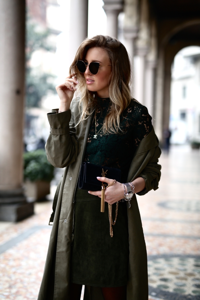 Fendi Cateye, lace shirt, green trenchcoat, YSL purse