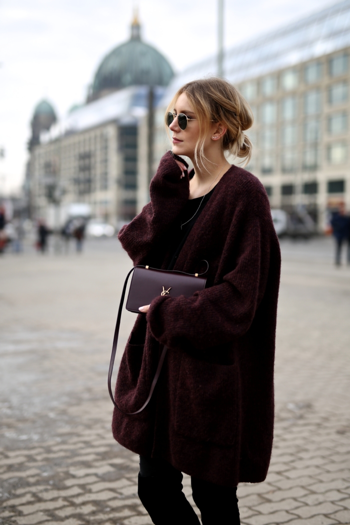 YSL Monogramme bag, red oversized cardigan, sunglasses