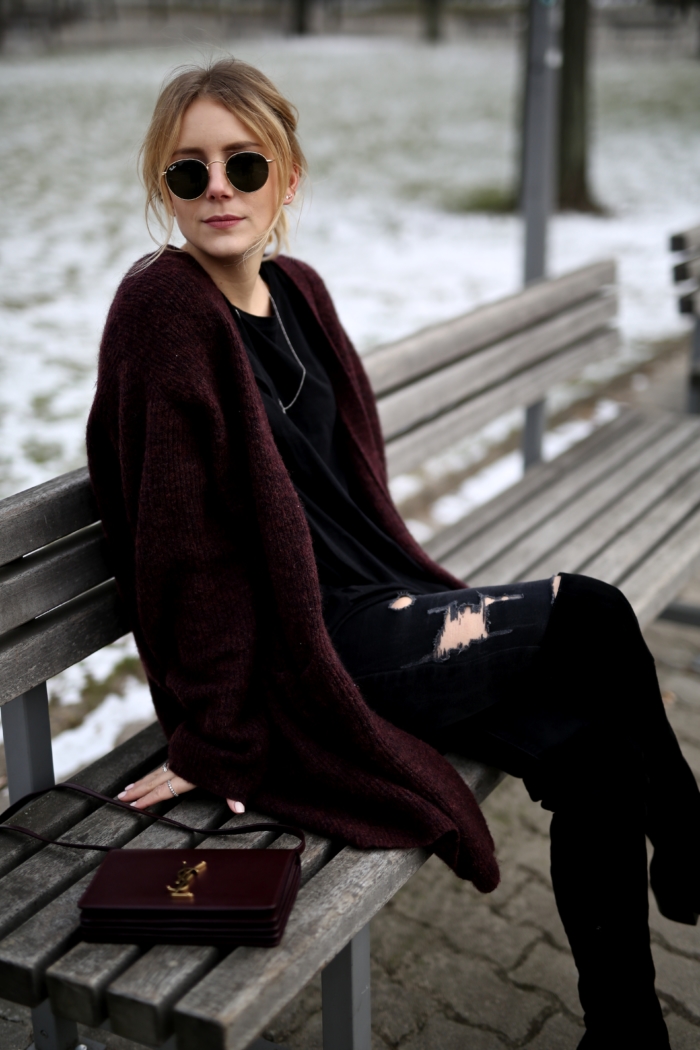 ray-ban shades, red cardigan, black shirt, overknee boots