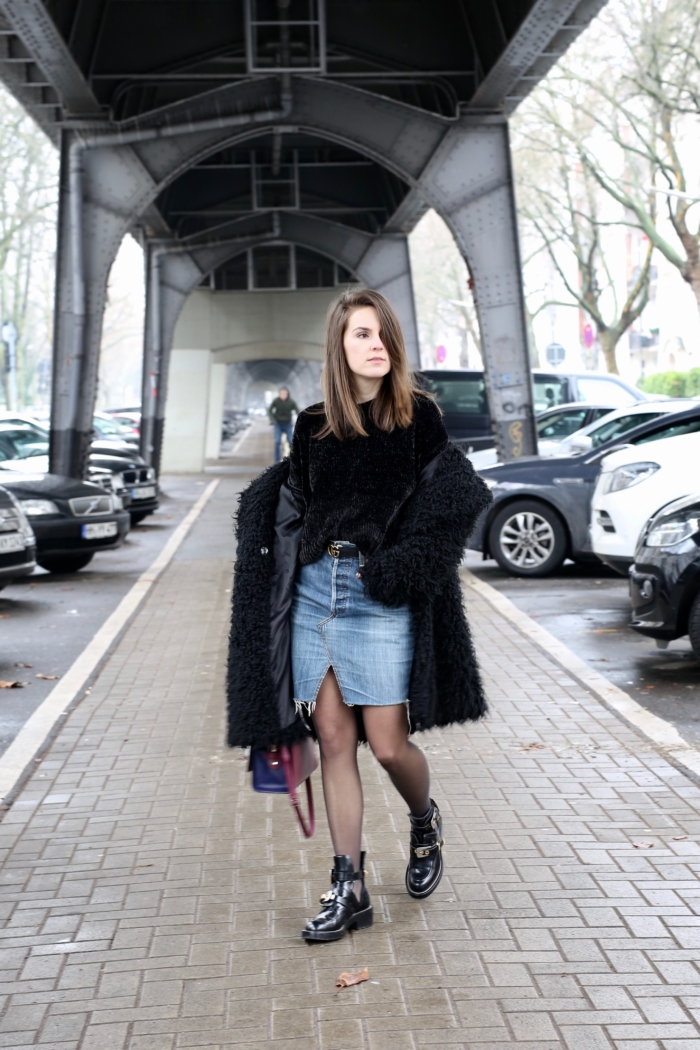 black velvet sweater, jeans skirt, tights, Valenciaga boots