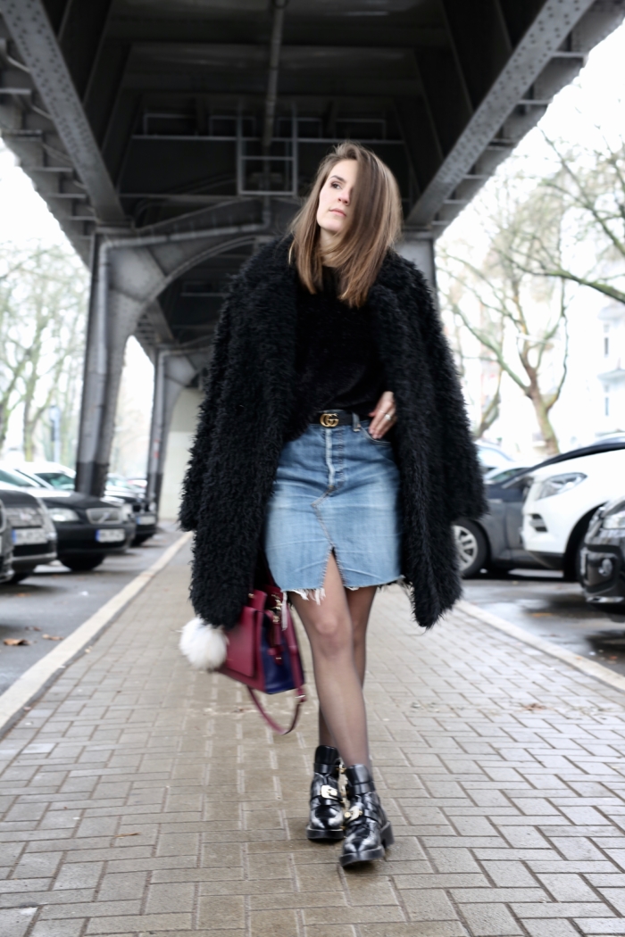 velvet sweater, jeans skirt, leather boots, cozy jacket