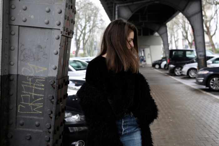 velvet sweater, cozy coat, jeans skirt