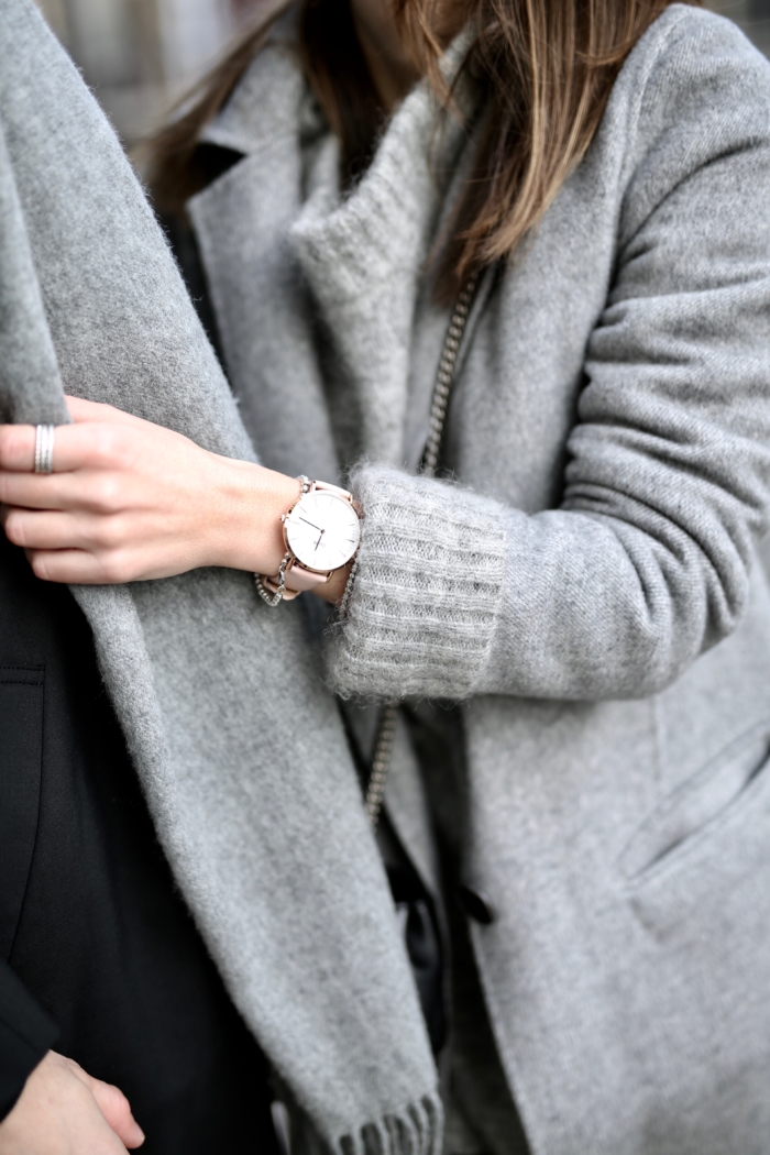 grey coat, Cluse watch, scarf