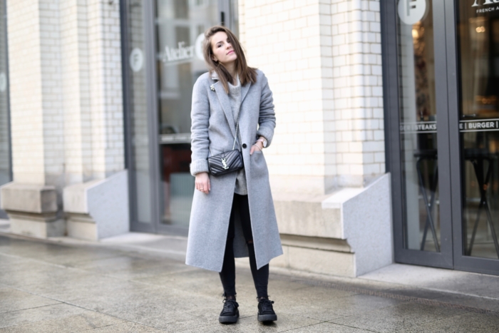 gray and black winter look, street style, long coat