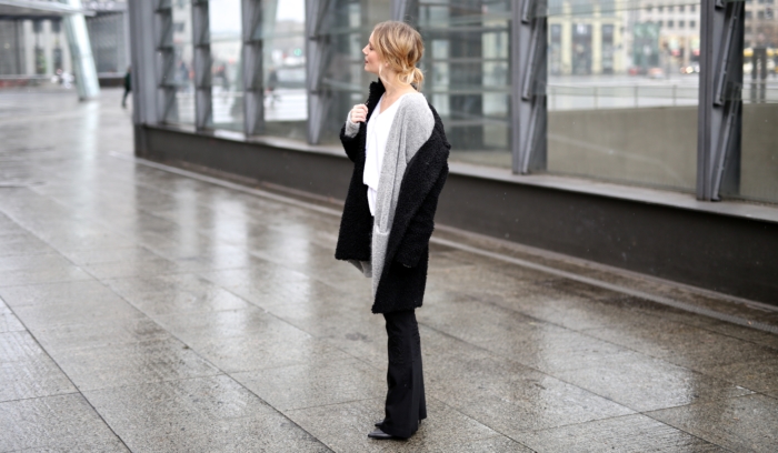 MBFW2017, black flared pants, white shirt, gray cardigan