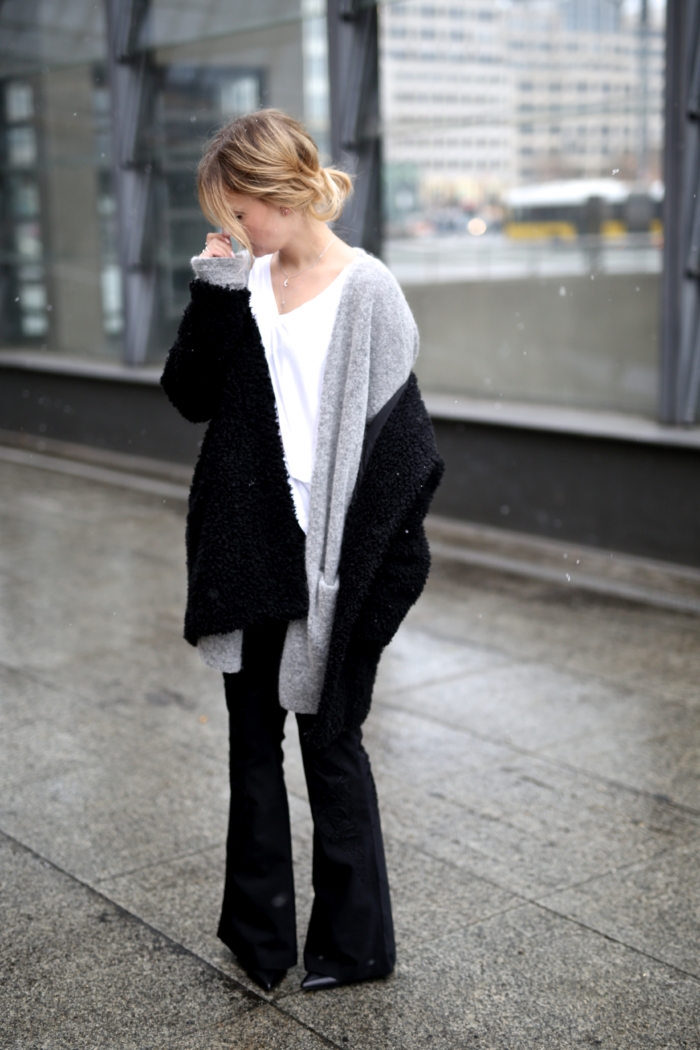 grey cardigan, black coat, white shirt, black embroidered flare pants