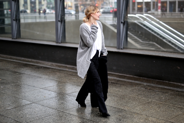 MBFW 2017, black flared pants, white shirt, grey cardigan