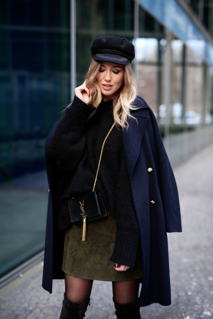 suede skirt khaki, black coat, black sweater, hat