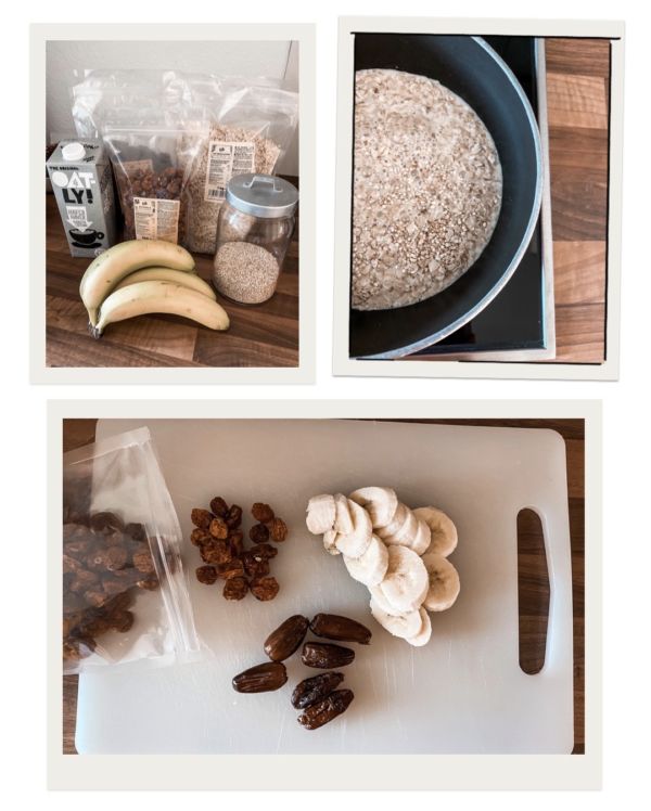 Porridge Zutaten Banane Haferflocken Milch Obst 