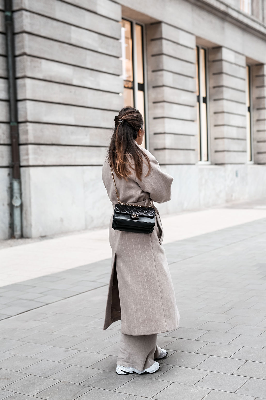 Chanel-crossbody-bag-black-beige-coat-ivy-and-oak-hair-updo