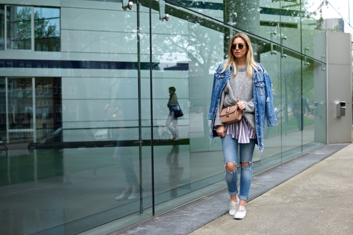 jeans jacket, grey sweater, skinny jeans, sneakers