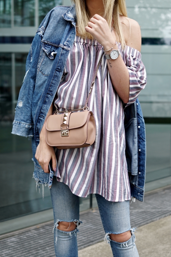 denim jacket, jeans, striped blouse, nude bag