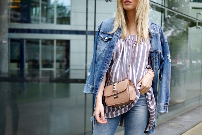 striped shirt, valentino bag, denim jacket