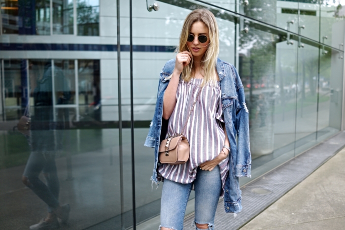 denim on denim, jacket and pants, striped blouse