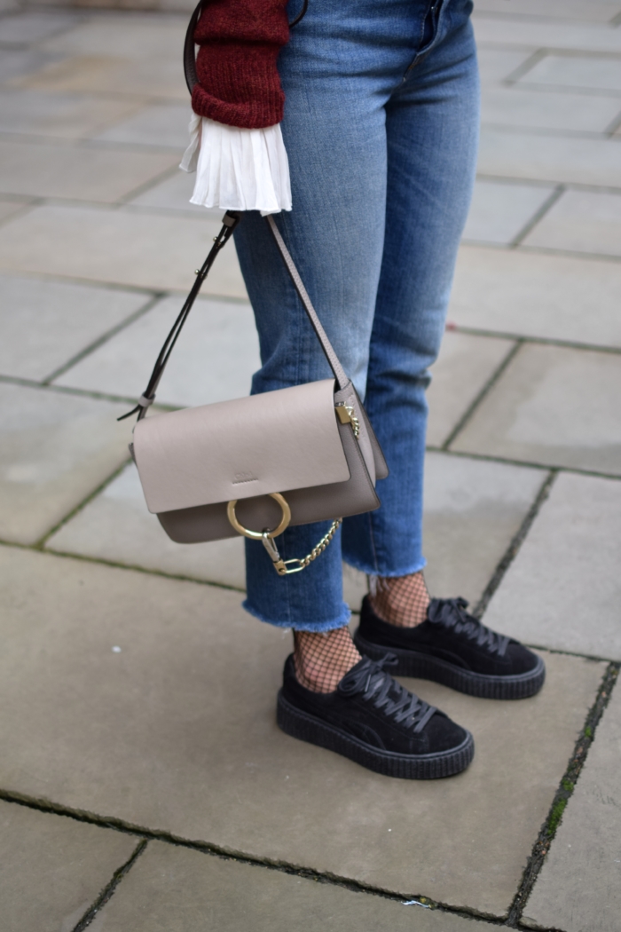 puma creeper, fishnet socks, chloe bag, levis jeans, details