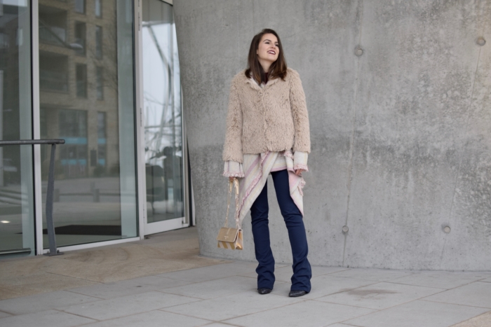 flared pants, cardigan, fake fur jacket