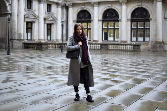 wool coat, acne scarf, black pants, sneakers