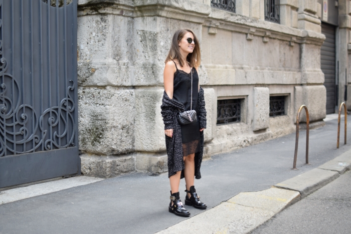 balenciaga boots, allblack outfit, lace negligé, long cardigan