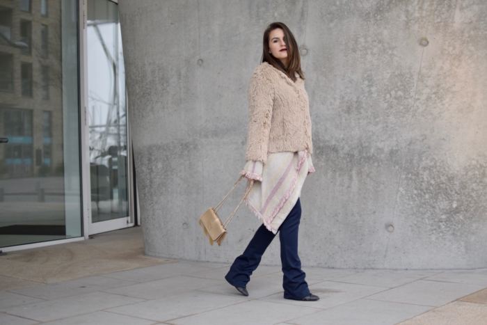 fake fur jacket, long cardigan, dark blue jeans