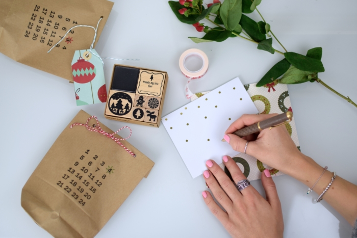 advent calendar, paper bags with numbers, stamp set, christmas cards