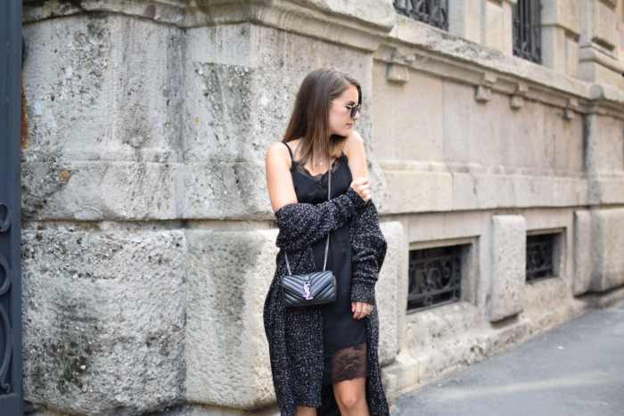 black lace dress, knitted cardigan, black bag