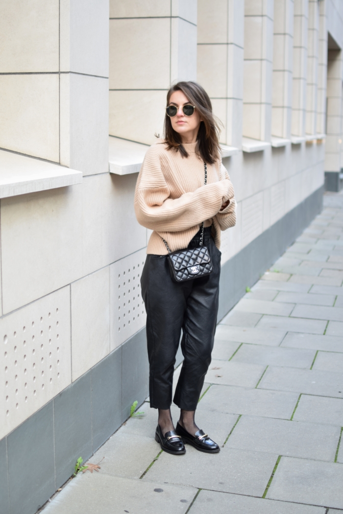 leather pants, chanel bag black, nude fall