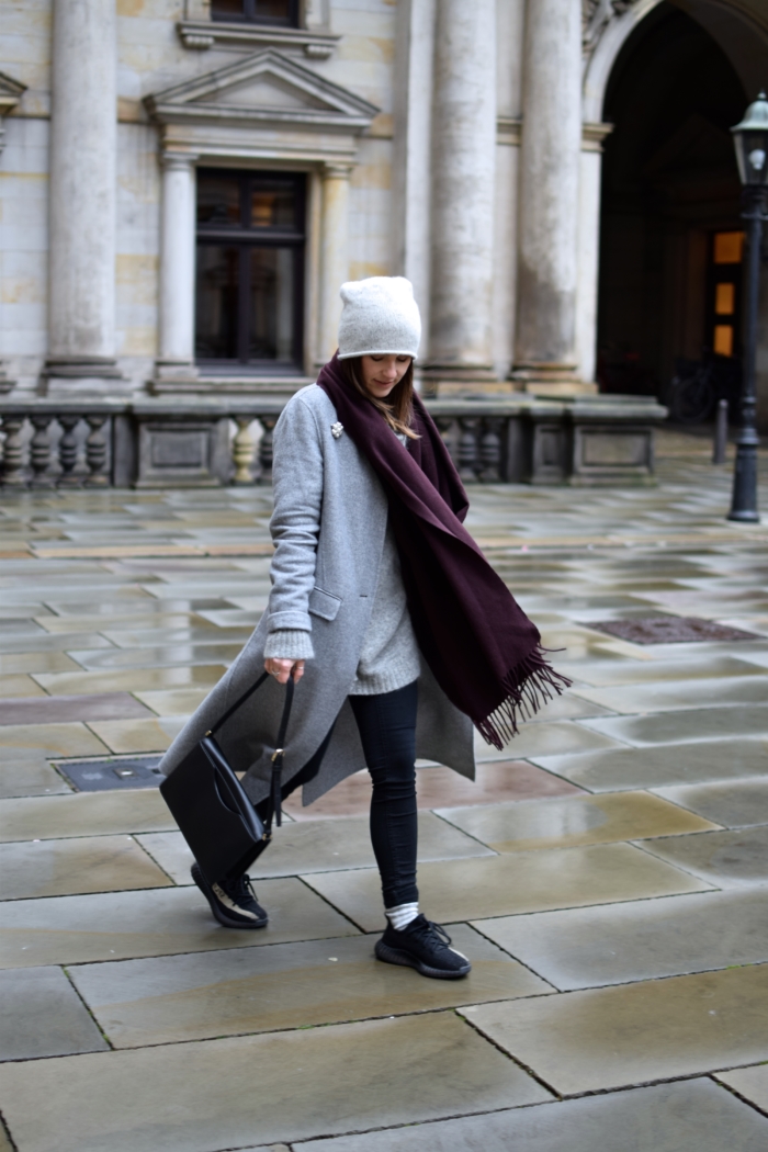 zara coat, long scarf, hat, black yeezys