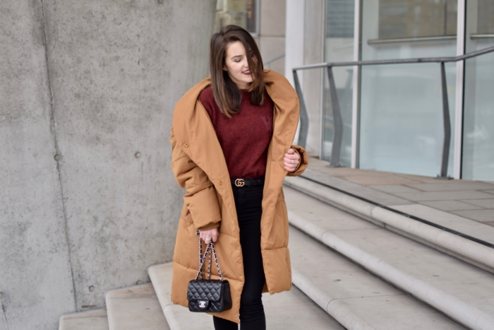 winter coat mustard, red sweater, gucci belt, chanel purse