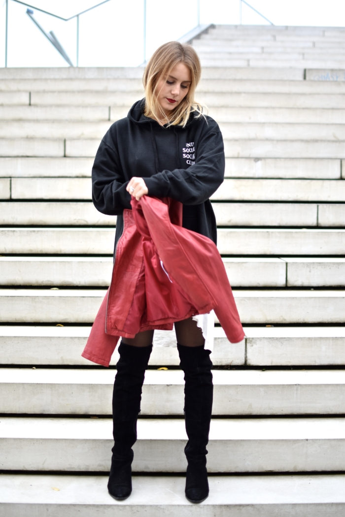 red leather jacket, black sweater, black overknee boots