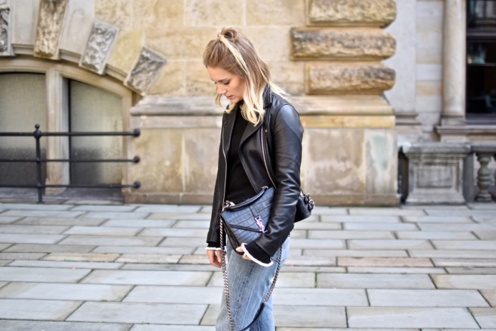 Lederjacke Reiss, Volantärmel, YSL Tasche, Jeans