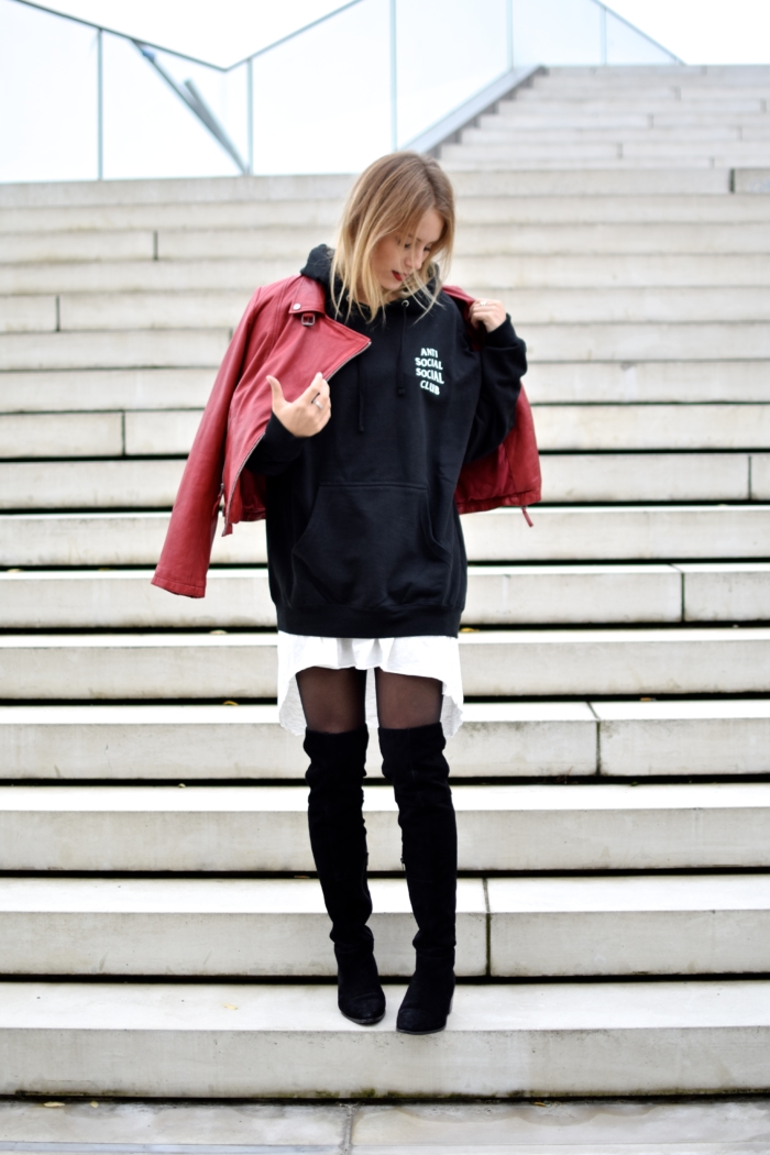 streetstyle, hoodie, red biker jacket, overknee boots