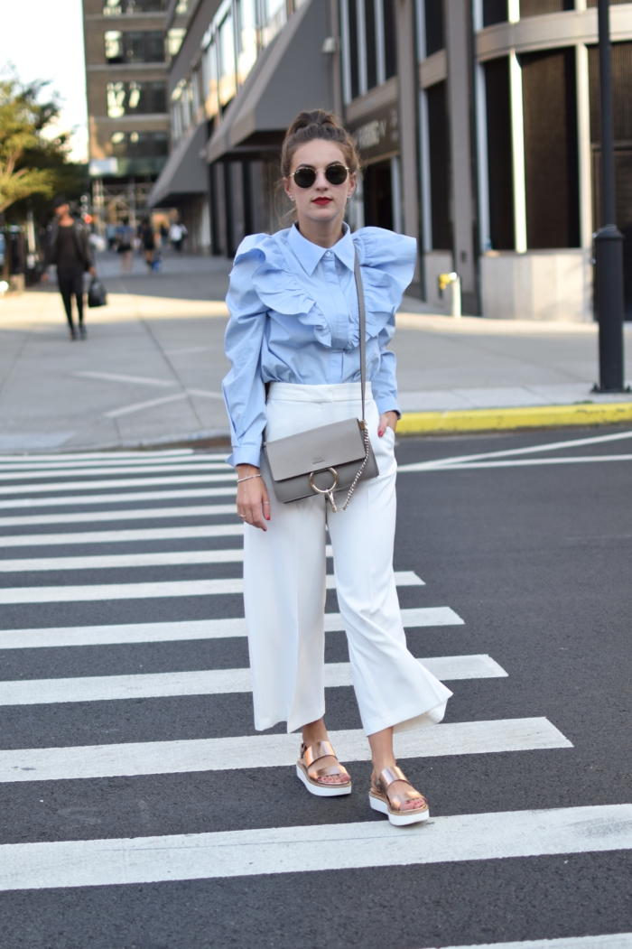 blue ruffle blouse, white coulotte, metallic sandals, sunglasses