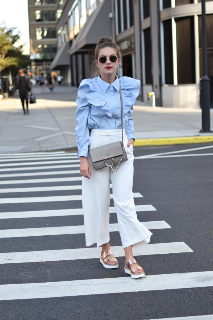blue ruffle blouse, white coulotte, chloe bag, sandals