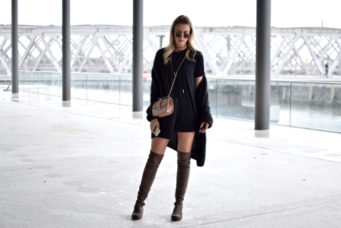 black short dress, oversized cardigan, overknee boots