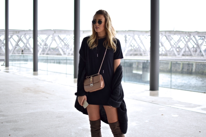 Boohoo shirt dress, Stuart Weitzmann boots, Valentino bag