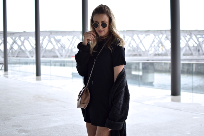 black shirt dress, cardigan, sunglasses