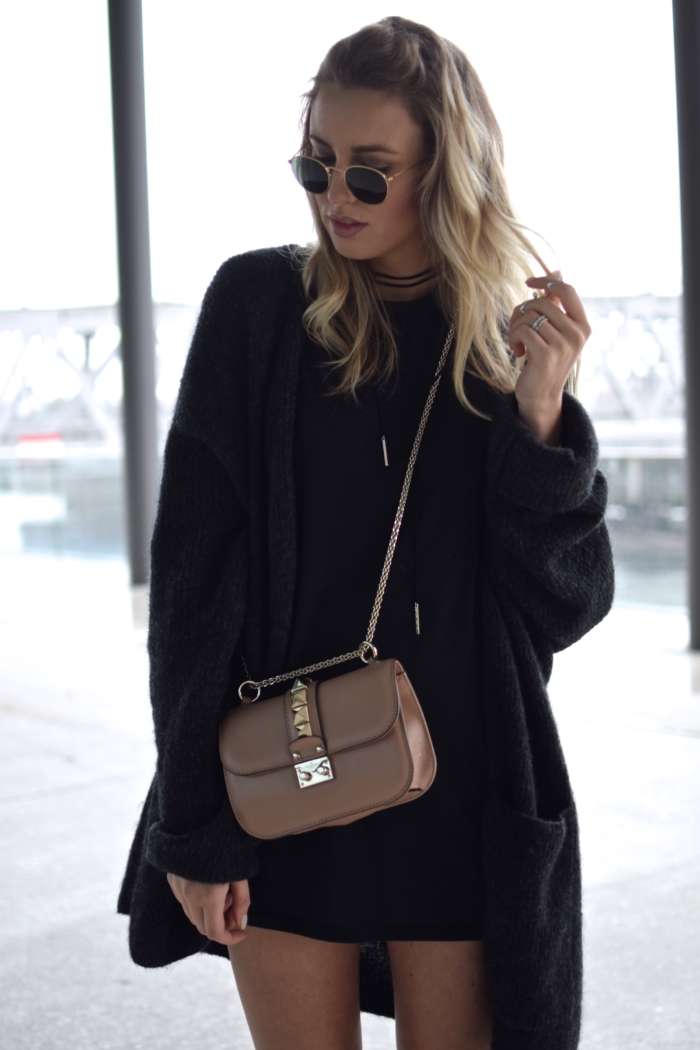 blonde hair, sunglasses, black shirt dress, boohoo, cardigan