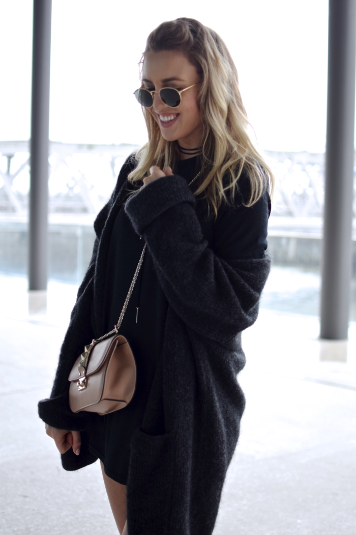 sunglasses, knitted cardigan, black shirt dress