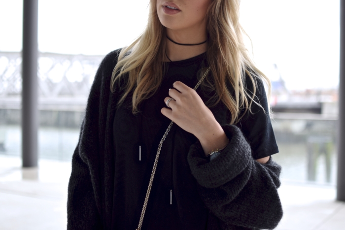 details, black shirt, choker, cardigan