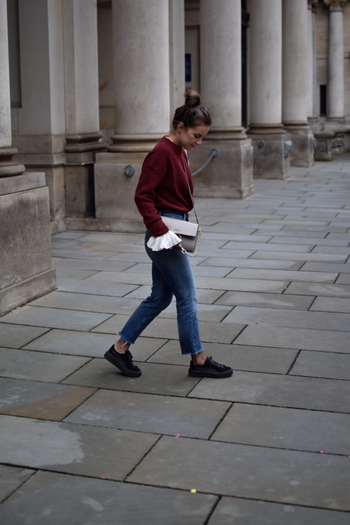 sweater, blouse, jeans, black sneaker