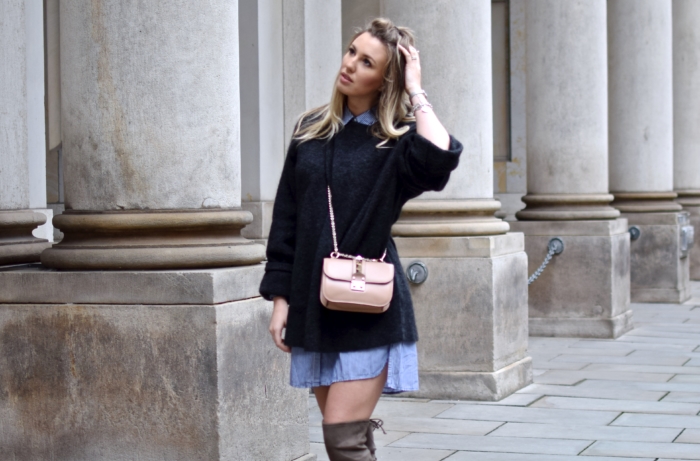 fall outfit, black sweater, denim shirt, valentino bag